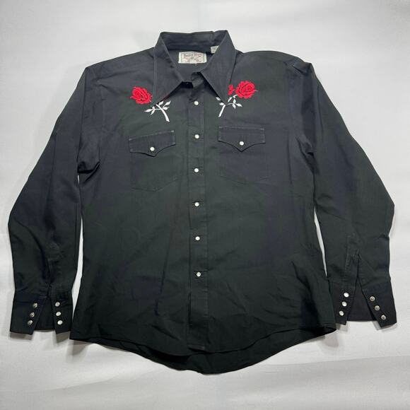 Border Town Other - Border Town Men's Long Tail Form Fit Black Rose Embroidered Western Shirt - L